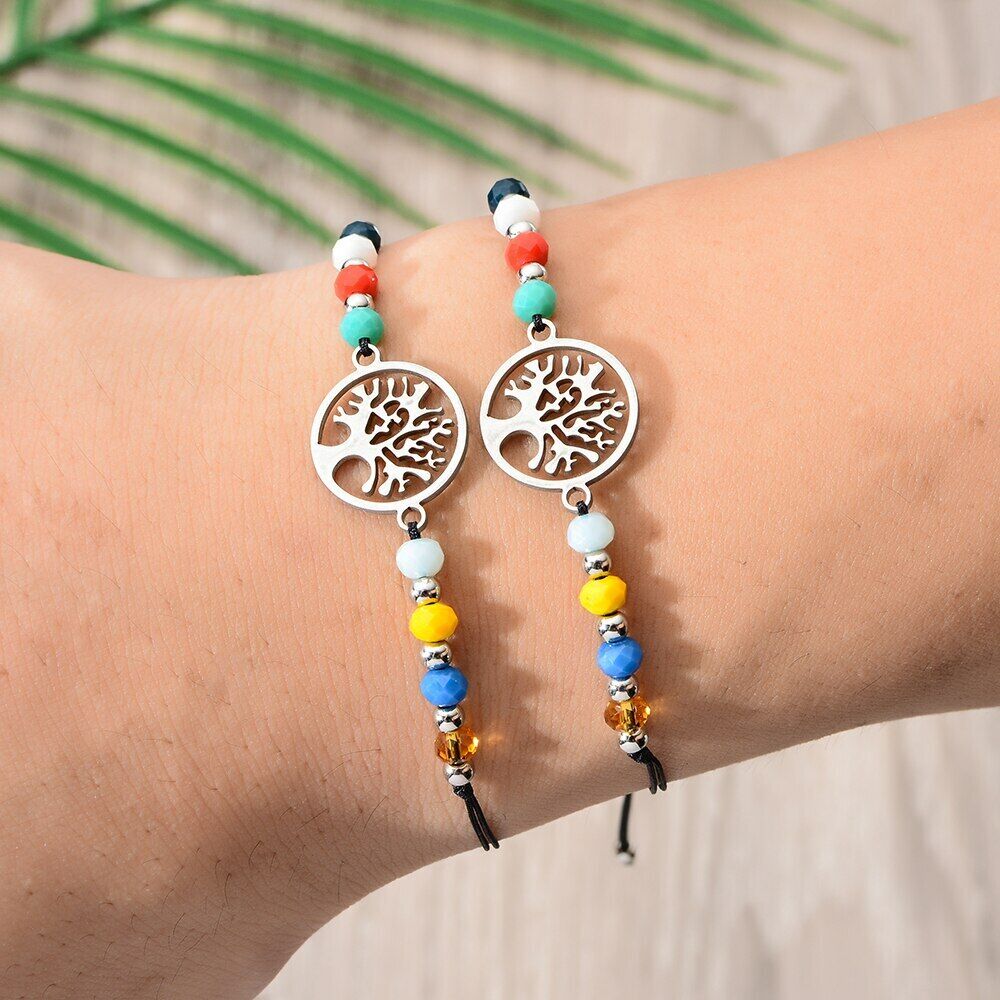 Tree Of Life Adjustable Braided Rope Crystal Beads Bracelet