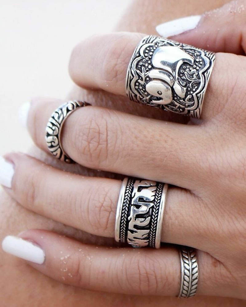 4PC SET 4x ELEPHANT Silver Womens Rings Girl Stack Ring Trible Boho Vintage Gift