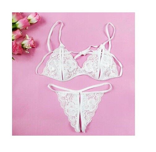 Thong Crutchless Lace G-string + Bra Set Sleepwear Lingerie Underwear Bondage