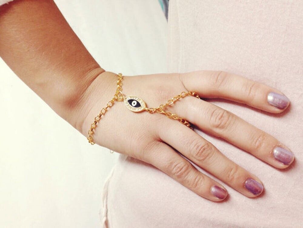 Womens Lucky Eye Slave Chain Finger Ring Bangle Hand Harness Bracelet Beach Boho