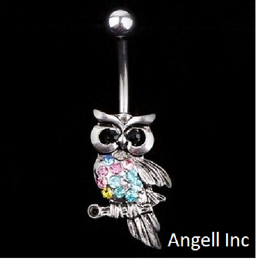 Cute Owl Bird Crystal Belly Bar Drop Piercing Button Ring Reverse Navel Bars