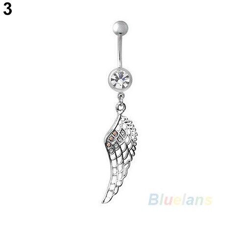 FEATHER LEAF ANGEL WING Belly Bar Button Ring Piercing Crystal Rhinestone Navel