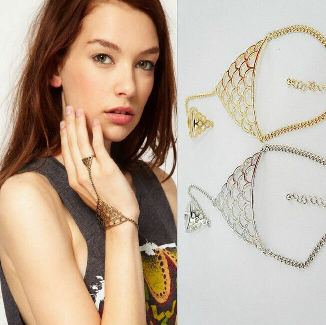 WOMENS BRACELET RING HAND CHAIN HARNESS SILVER GOLD FISH MERMAID SCALE GIFT UK