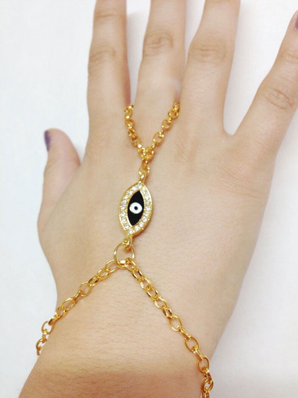 Womens Lucky Eye Slave Chain Finger Ring Bangle Hand Harness Bracelet Beach Boho