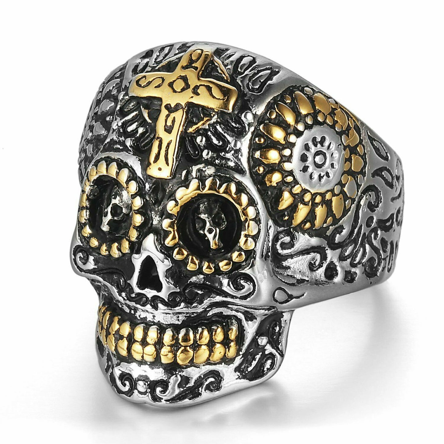 Silver Gold Sugar Cross Skull Ring Goth Rock Biker Mens Gift Day of The Dead UK