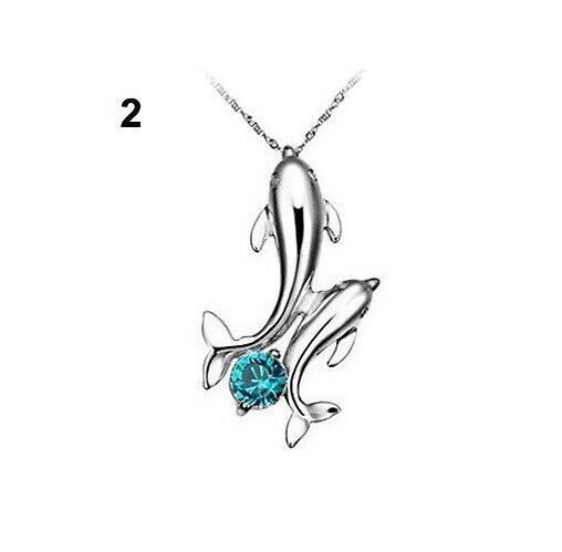 TWIN Dolphin Pendant rhinestone crystal Silver Necklace Jewellery Ladies Gifts