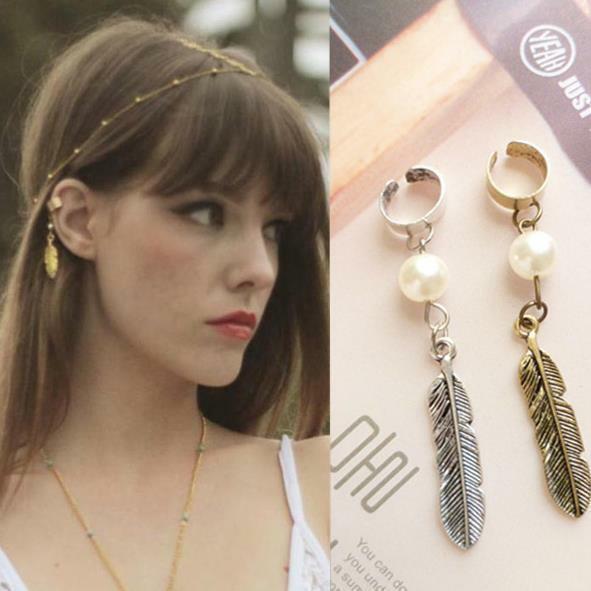 FEATHER PEARL Womens Ear Cuff Earrings Wrap Fashion Clip On Cuffs Fake Stud UK