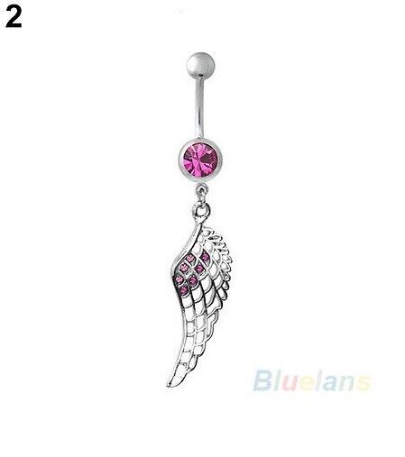 FEATHER LEAF ANGEL WING Belly Bar Button Ring Piercing Crystal Rhinestone Navel