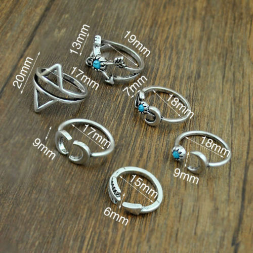 6Pcs Set Women Boho Vintage Beach Turquoise Arrow Moon Midi Rings Hippie Retro