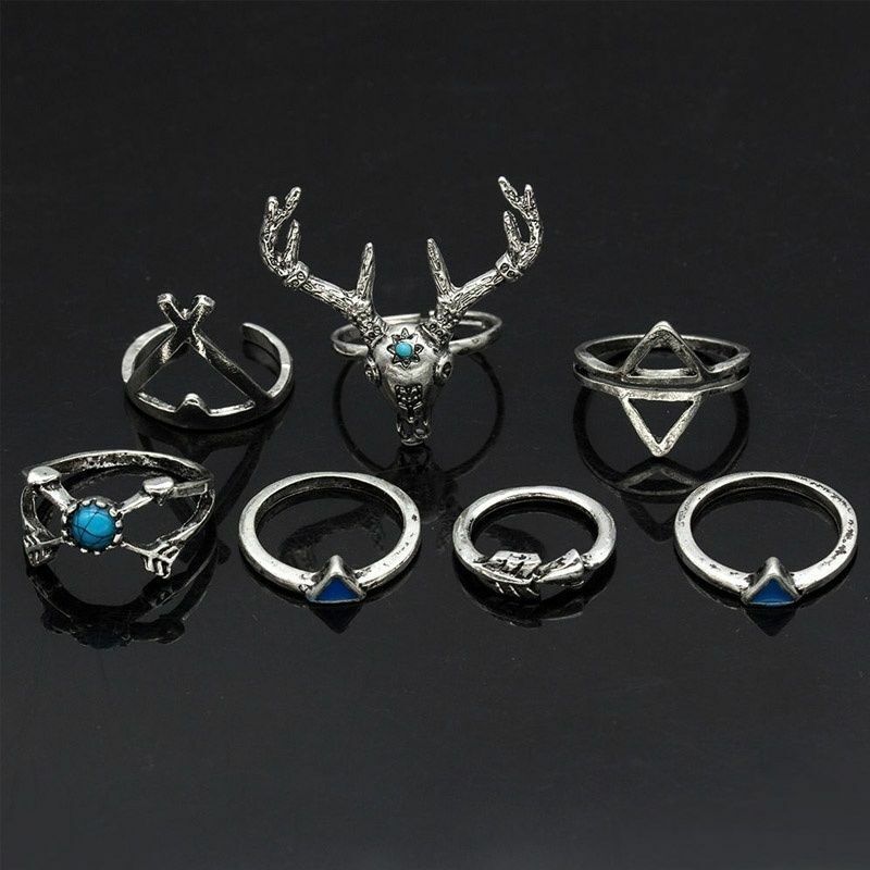 7pcs Silver Ring Set Blue Turquoise Arrows Antlers Women Retro Stack Knuckle UK