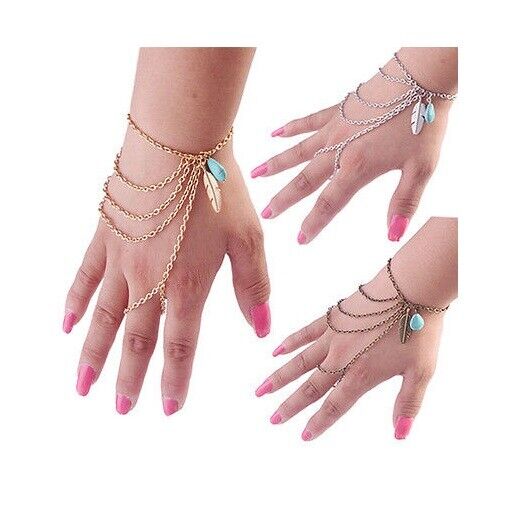 Womens Diamante Slave Chain Finger Ring Bangle Hand Harness Bracelet Beach Boho