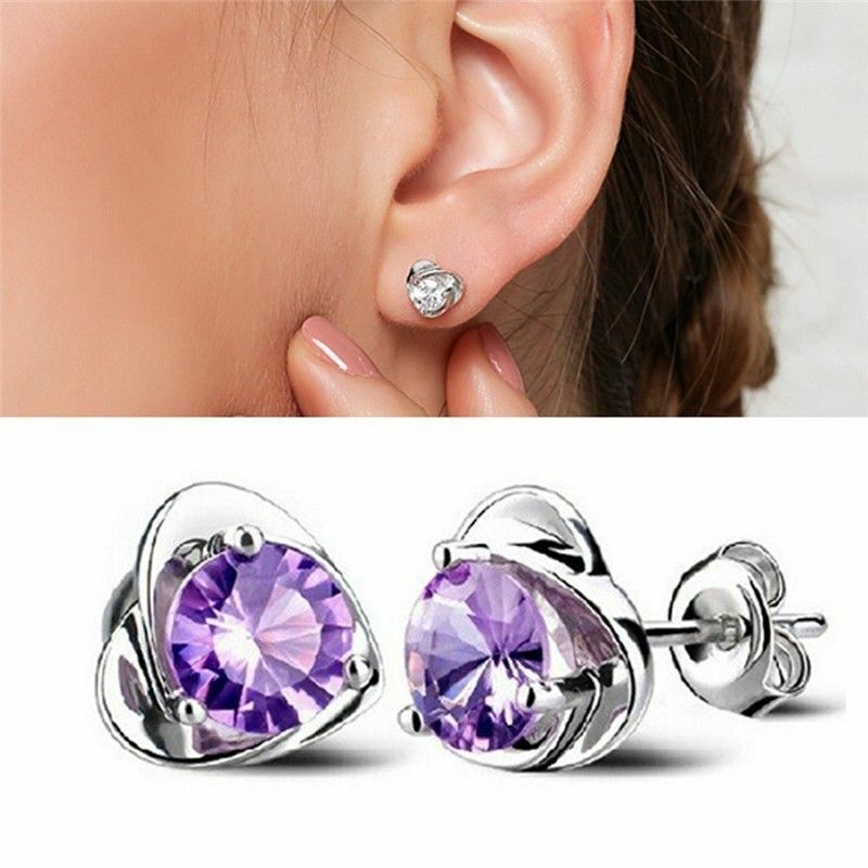 Sterling Silver Love Heart Shaped Cubic Zirconia Ear Stud Earrings Womens Girls