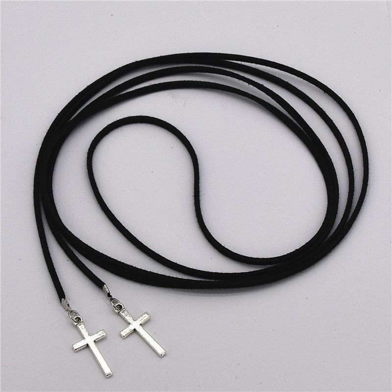 BLACK CHOKER CROSS PENDANT Rhinestone Necklace Choker Silver Wedding Party Chain