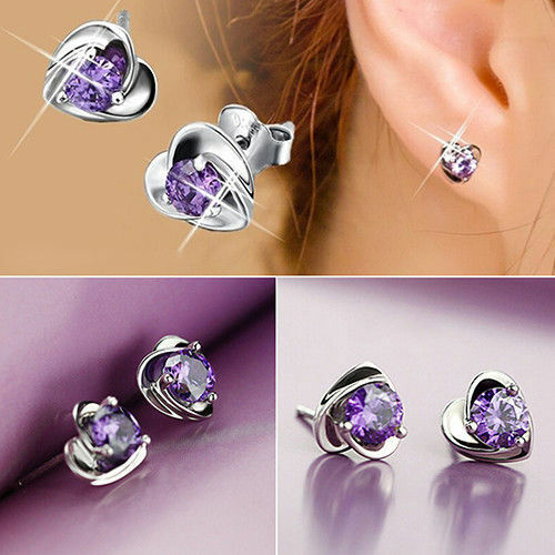 Sterling Silver Love Heart Shaped Cubic Zirconia Ear Stud Earrings Womens Girls