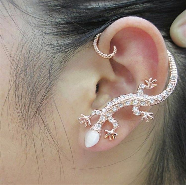 WOMENS SILVER GOLD LIZARD GECKO OVER EAR CUFF CLIP ON EARRING STUD HOOP GIFT UK