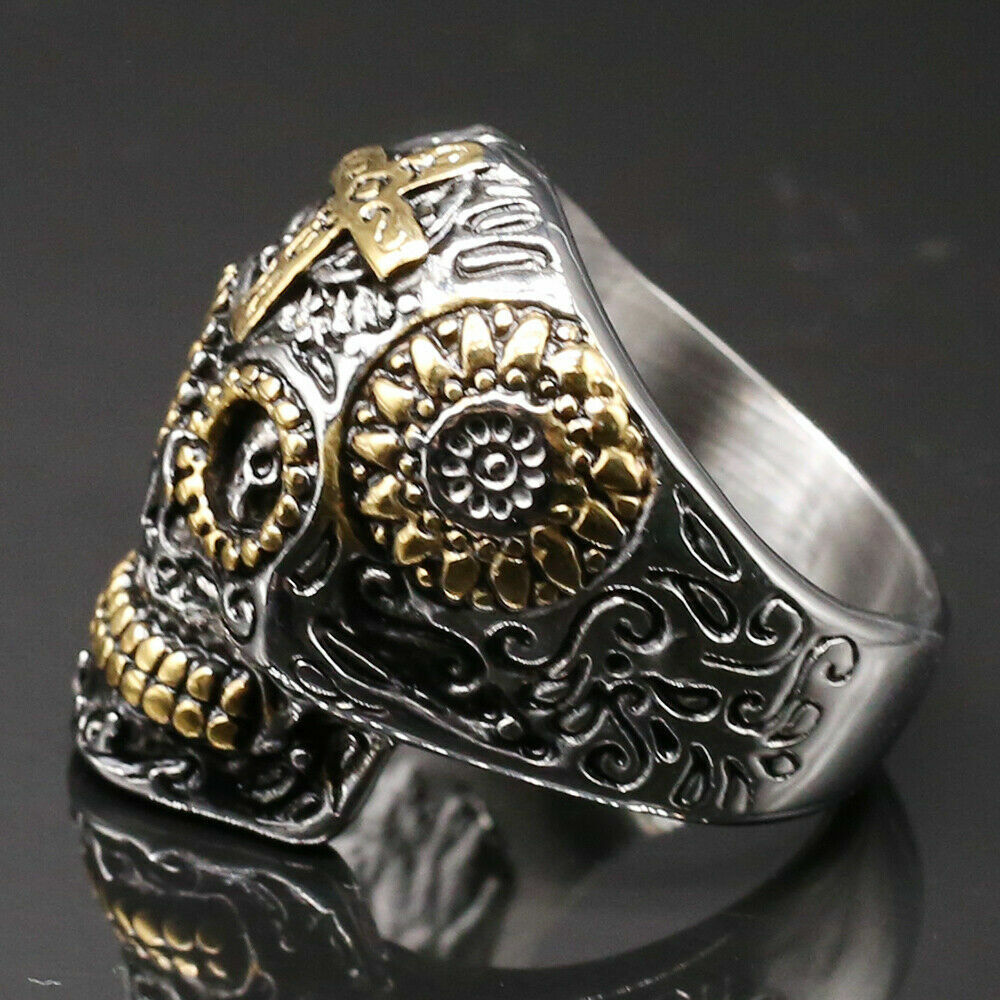 Silver Gold Sugar Cross Skull Ring Goth Rock Biker Mens Gift Day of The Dead UK