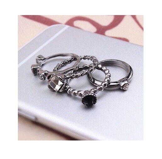 4pcs Ring Set GunMetal Black Rhinestone Gem Womens Midi Finger Tip Stack Rings