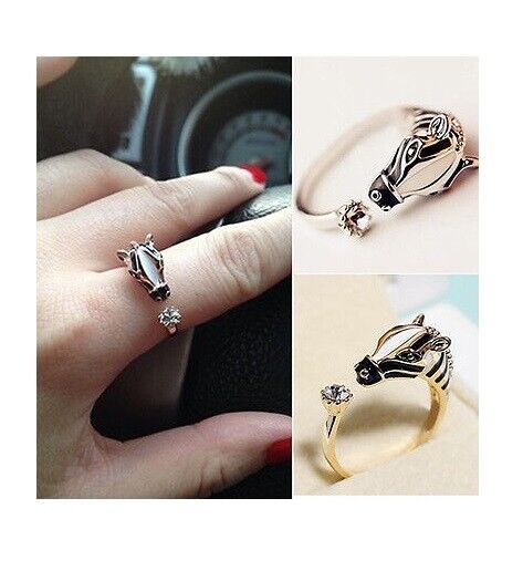 ADJUSTABLE HORSE PONEY WOMENS GIRLS RING SILVER GOLD STACKABLE RHINESTONE GIFT