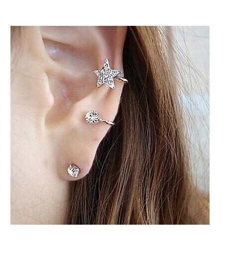Womens Silver Gold Star Earrings Hook Ear Stud Cuff Hoop Gift Hippi Retro UK NEW