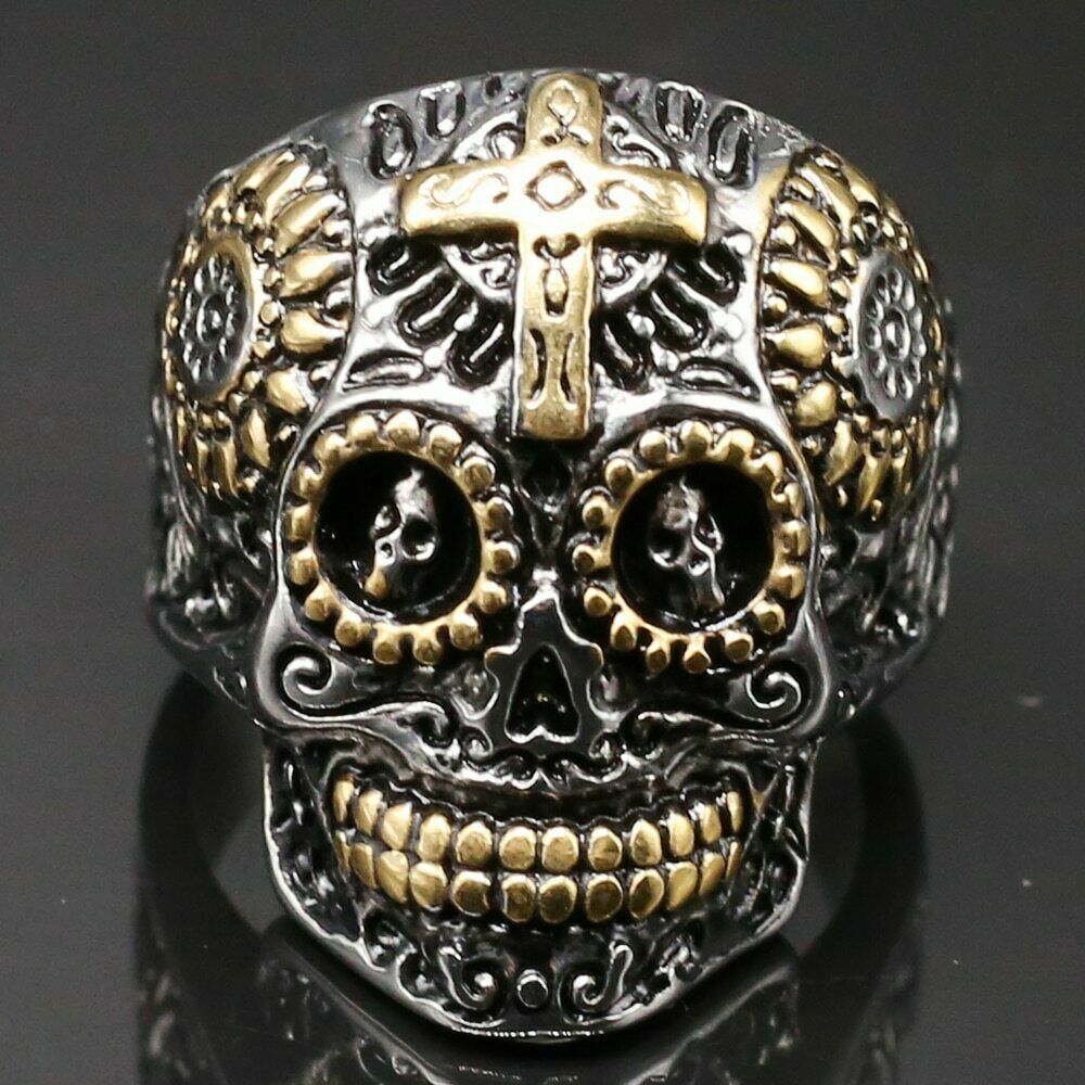 Silver Gold Sugar Cross Skull Ring Goth Rock Biker Mens Gift Day of The Dead UK