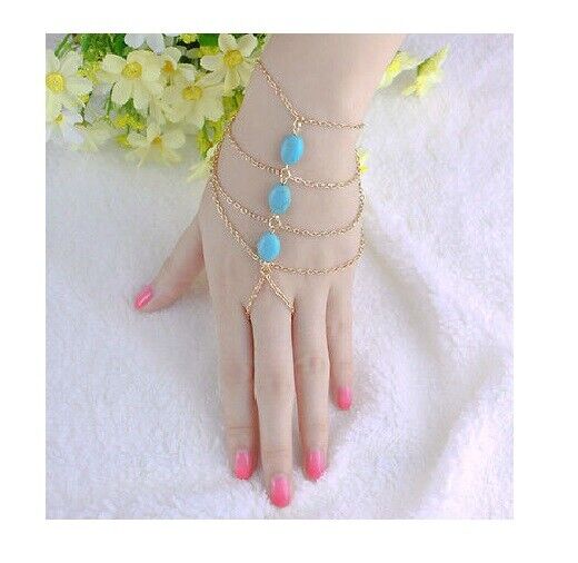 Turquoise Tassel Gold Bracelet Bangle Finger Hand Chain Ring Harness Beach Boho