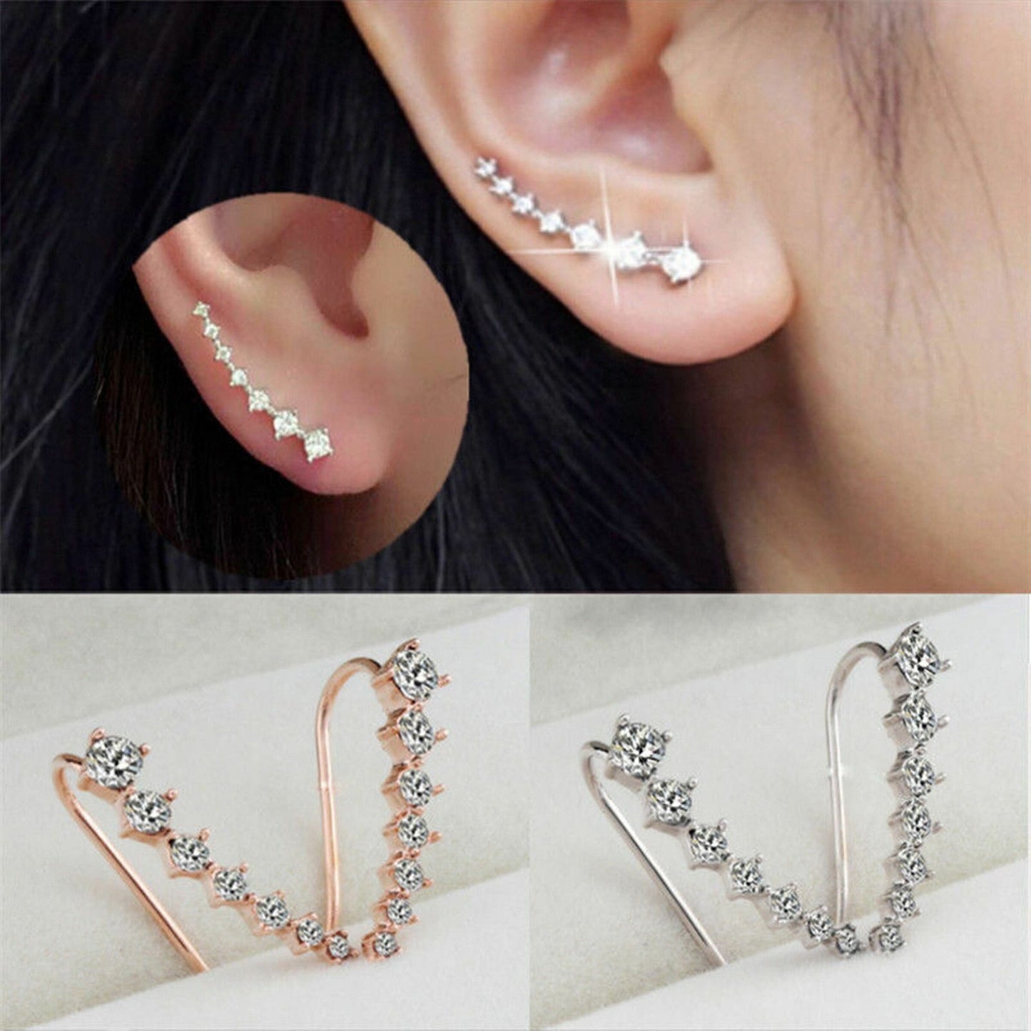 Women Silver Gold Crystal Rhinestone Hook Wrap Ear Cuff Ear Stud Earrings Hoop