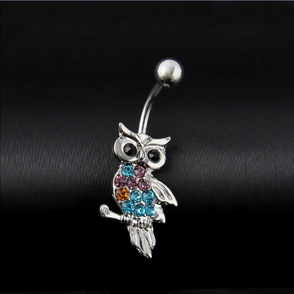 Cute Owl Bird Crystal Belly Bar Drop Piercing Button Ring Reverse Navel Bars