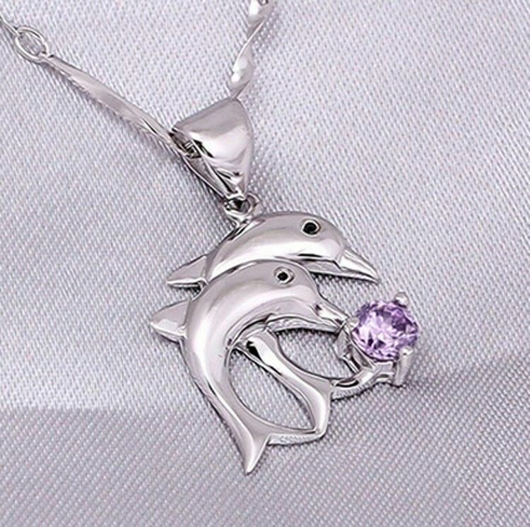 TWIN Dolphin Pendant rhinestone crystal Silver necklace Jewellery Ladies Gifts