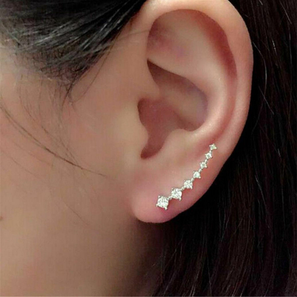 Women Silver Gold Crystal Rhinestone Hook Wrap Ear Cuff Ear Stud Earrings Hoop