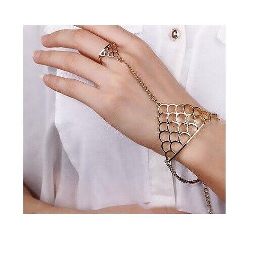 WOMENS BRACELET RING HAND CHAIN HARNESS SILVER GOLD FISH MERMAID SCALE GIFT UK