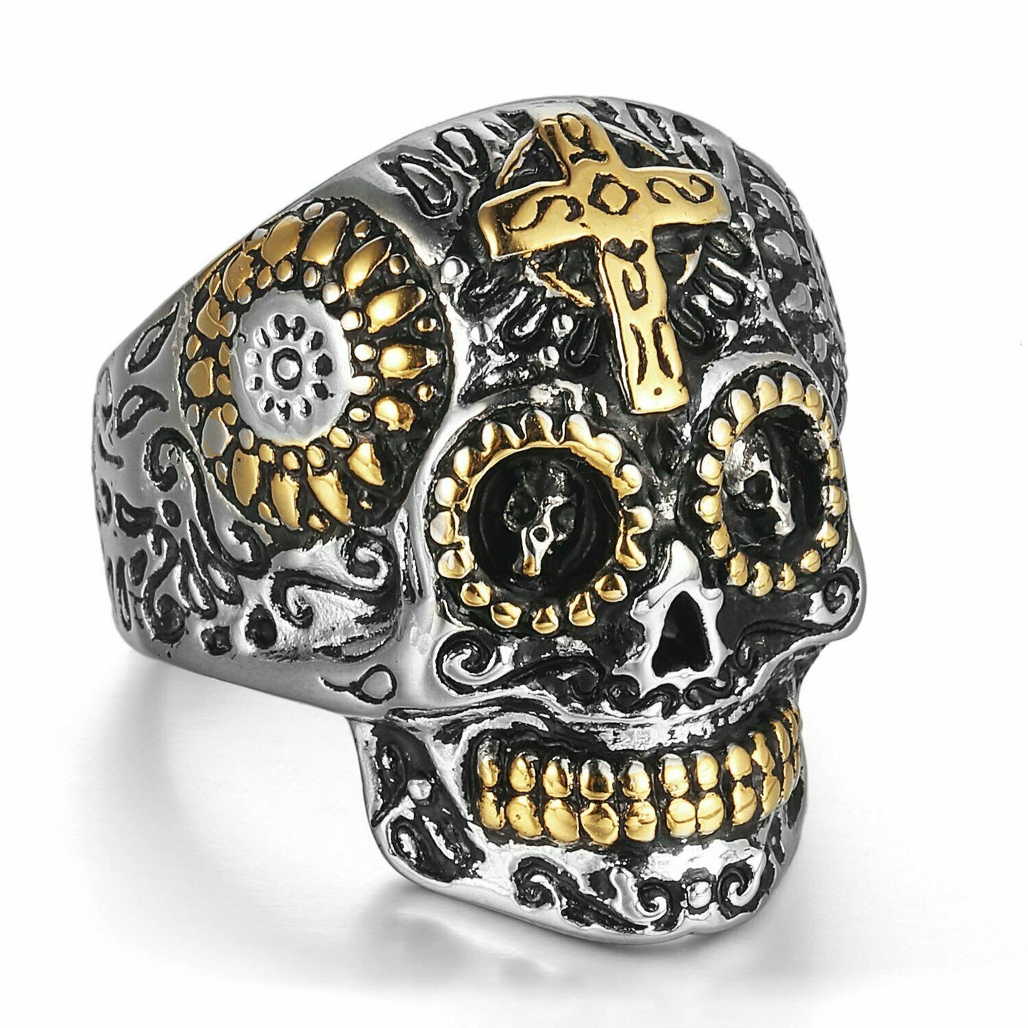 Silver Gold Sugar Cross Skull Ring Goth Rock Biker Mens Gift Day of The Dead UK