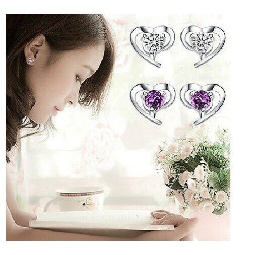 925 Sterling Silver Love Heart Cubic Zirconia Small Ear Stud Earrings Hook Gift