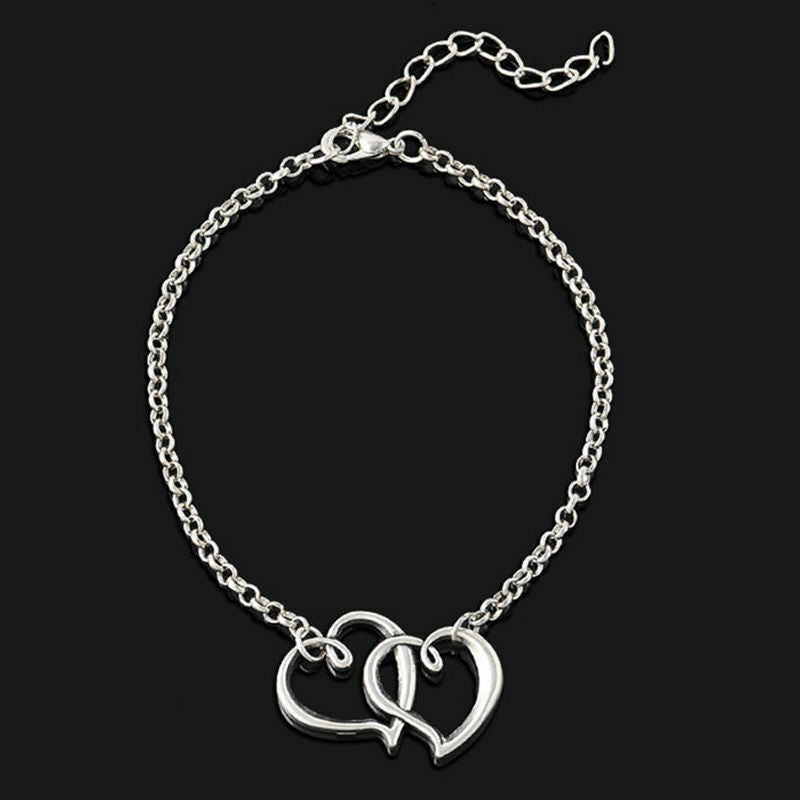 Silver Double Love Heart Friendship Chain Bracelet charm Bangle Womens Gift