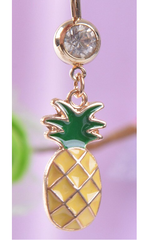 PINEAPPLE Crystal GOLD Belly Bar Drop Piercing Button Ring Crystal Reverse Bar