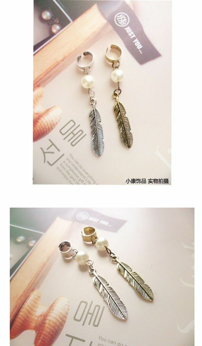 FEATHER PEARL Womens Ear Cuff Earrings Wrap Fashion Clip On Cuffs Fake Stud UK