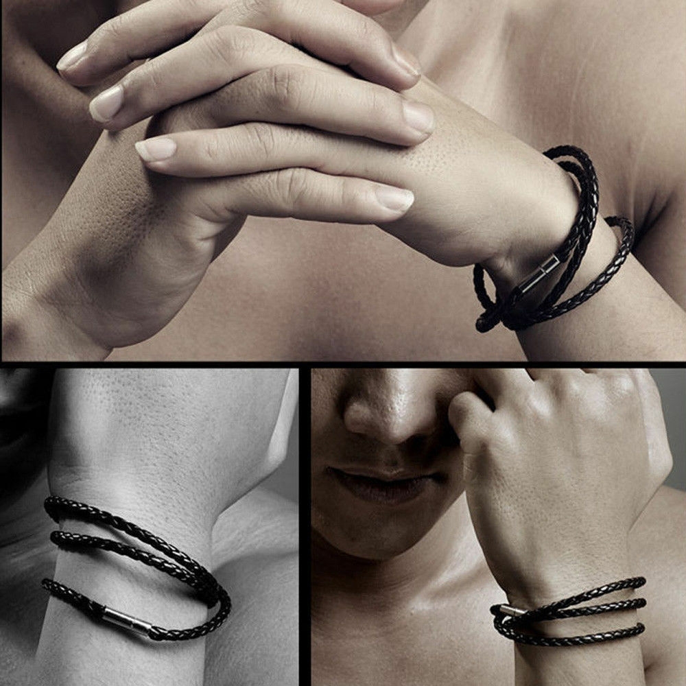 Mens Braided Leather Surfer Wristband Bracelet Wrap Steel BLACK BROWN WHITE UK