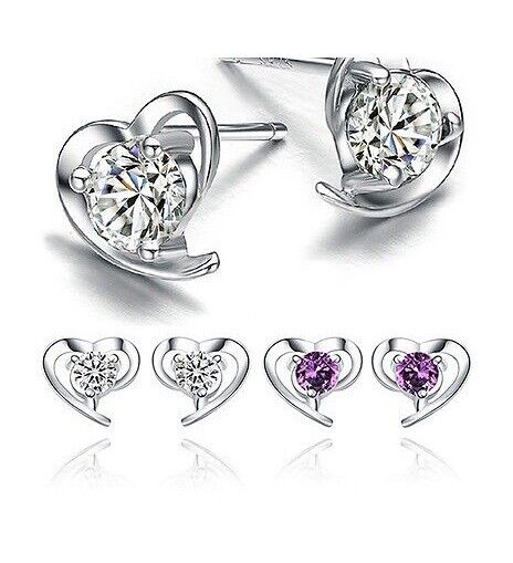 925 Sterling Silver Love Heart Cubic Zirconia Small Ear Stud Earrings Hook Gift