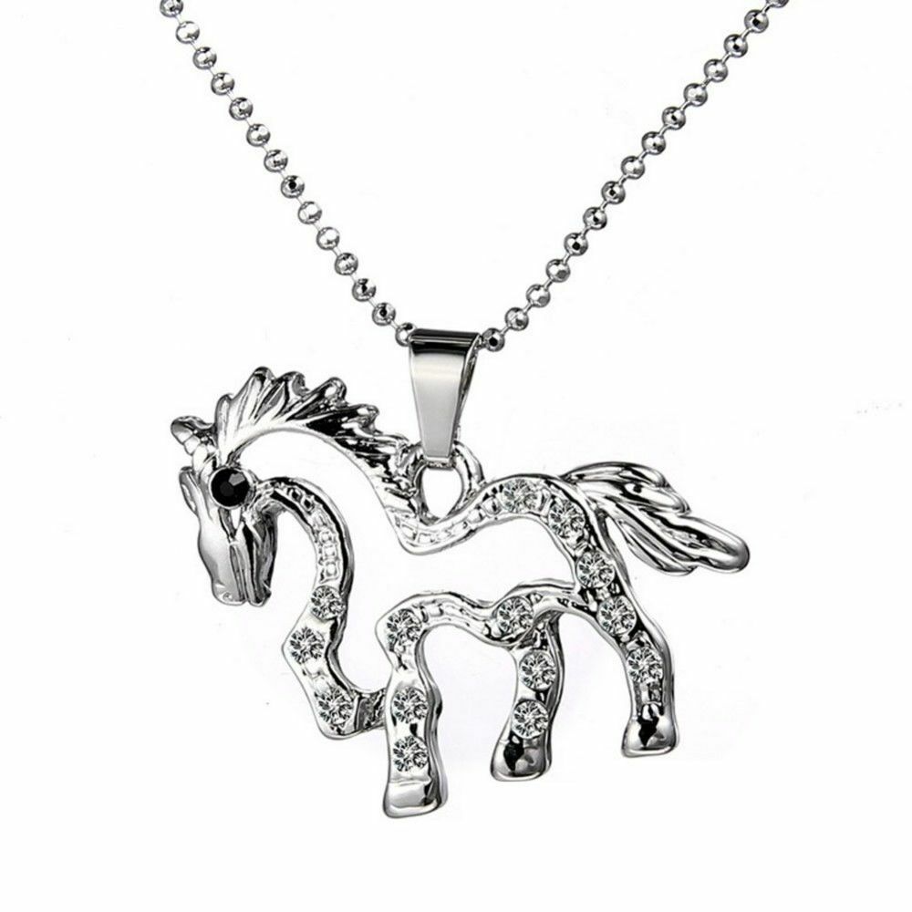 Silver Horse Pony RHINESTONE BEAUTIFUL Charm Pendant Necklace Birthday Gift UK