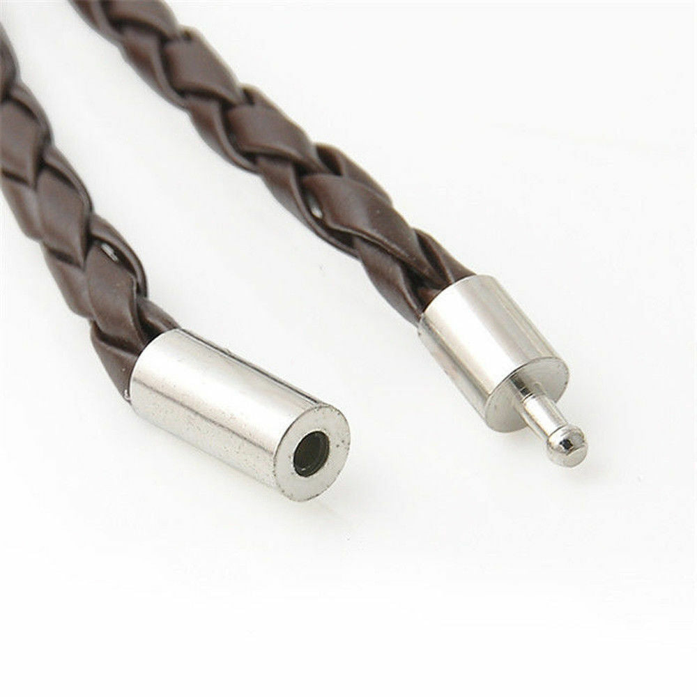 Mens Braided Leather Surfer Wristband Bracelet Wrap Steel BLACK BROWN WHITE UK