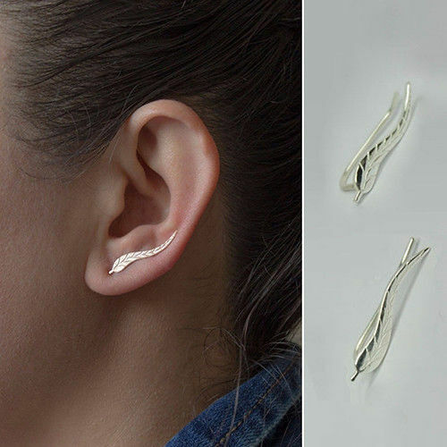 Womens Silver Gold Leaf Angel Feather Wing Earrings Hook Ear Stud Cuff Hoop Gift