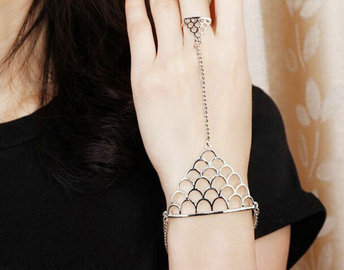 WOMENS BRACELET RING HAND CHAIN HARNESS SILVER GOLD FISH MERMAID SCALE GIFT UK