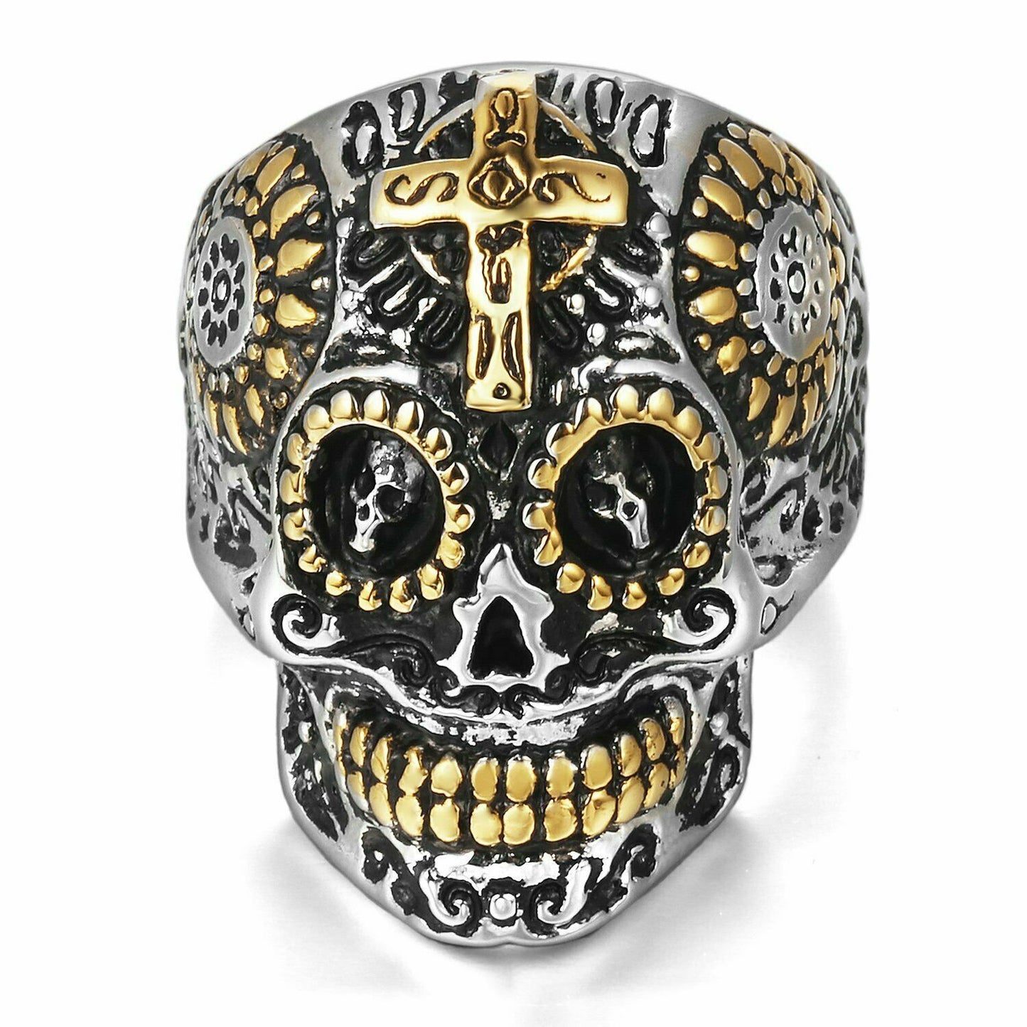 Silver Gold Sugar Cross Skull Ring Goth Rock Biker Mens Gift Day of The Dead UK