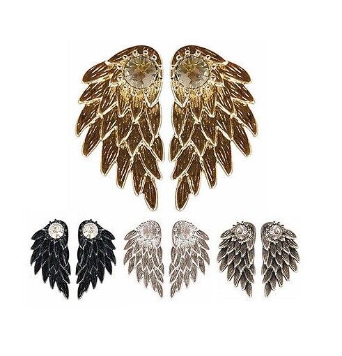 Womens Silver Gold Angel Feather Wing Earring Rhinestone Hook Ear Stud Hoop Gift