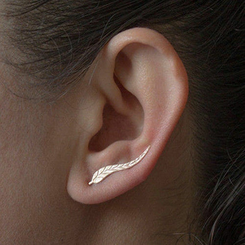 Womens Silver Gold Leaf Angel Feather Wing Earrings Hook Ear Stud Cuff Hoop Gift