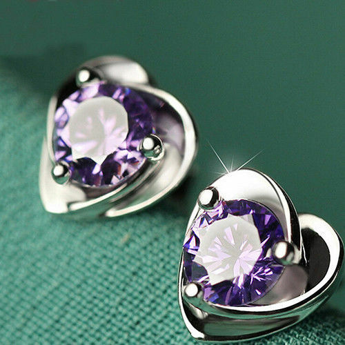 Sterling Silver Love Heart Shaped Cubic Zirconia Ear Stud Earrings Womens Girls