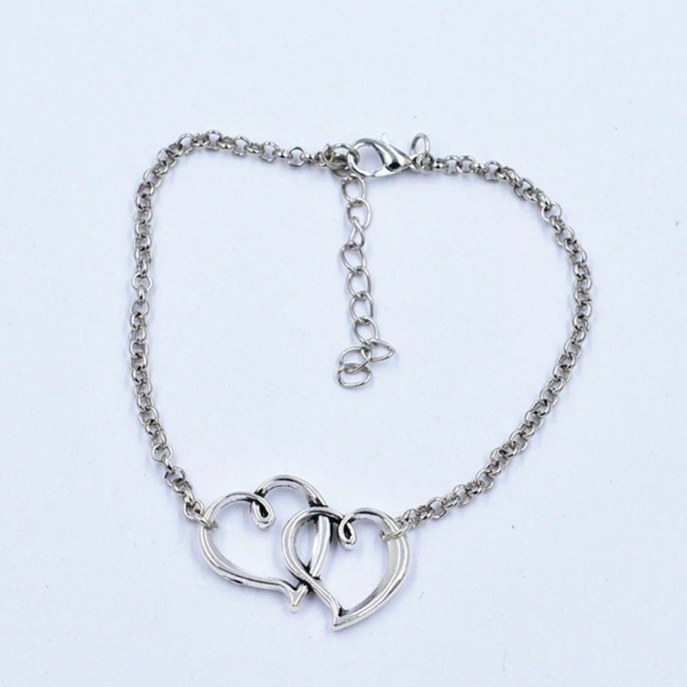 Silver Double Love Heart Friendship Chain Bracelet charm Bangle Womens Gift