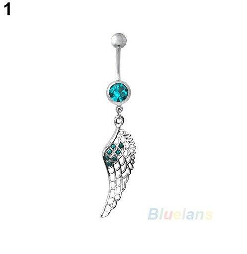 FEATHER LEAF ANGEL WING Belly Bar Button Ring Piercing Crystal Rhinestone Navel