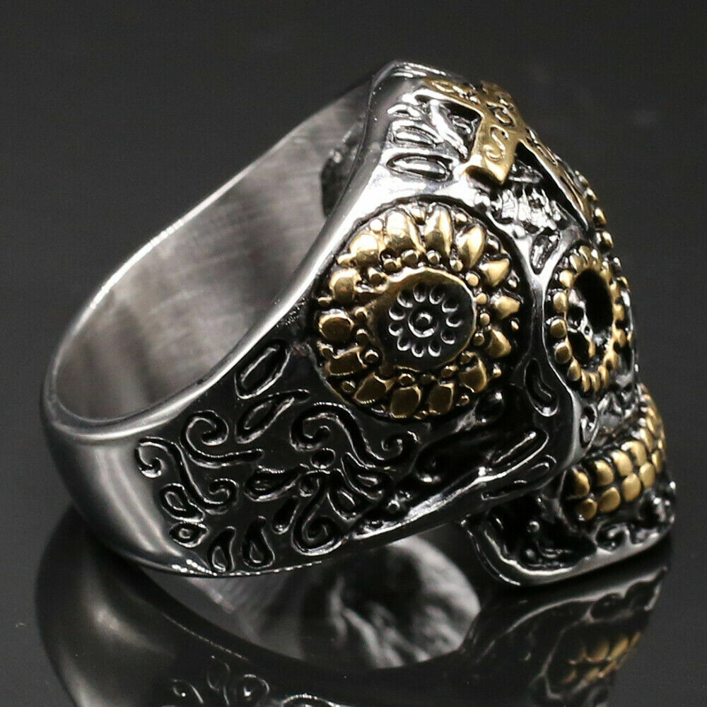Silver Gold Sugar Cross Skull Ring Goth Rock Biker Mens Gift Day of The Dead UK