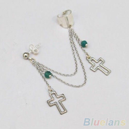 CLIP ON SILVER CROSS HANGING CHAIN TURQOISE EAR CUFF EARRINGS uk
