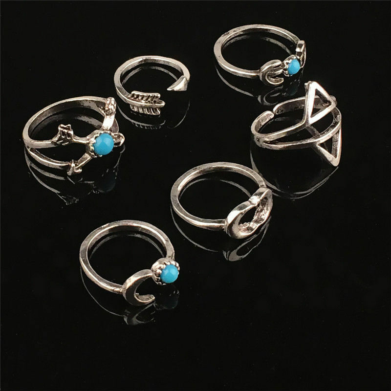 6Pcs Set Women Boho Vintage Beach Turquoise Arrow Moon Midi Rings Hippie Retro